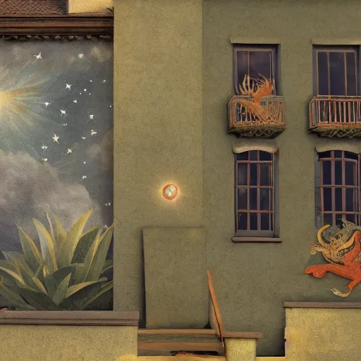 Prompt: fresco on a building, with dragon and falling stars, dark faded colors, in style of henri rousseau, highly detailed, unreal engine, photorealism