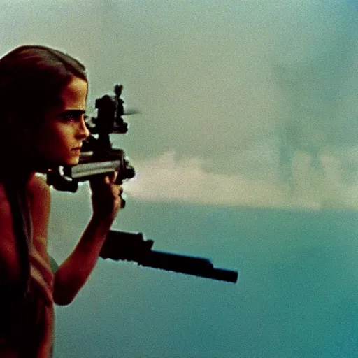 Image similar to film still, extreme far view, emma watson vietnam door gunner, film still from apocalypse now ( 1 9 7 9 ), 2 6 mm, kodak ektachrome, blue tint expired film,