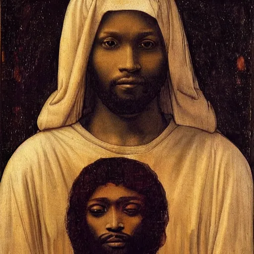 Image similar to painting of a black man as jesus by leonardo davinci