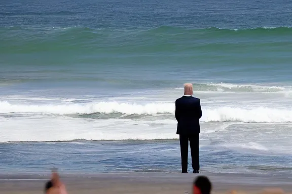 Image similar to a far away shot of Joe Biden standing in the ocean