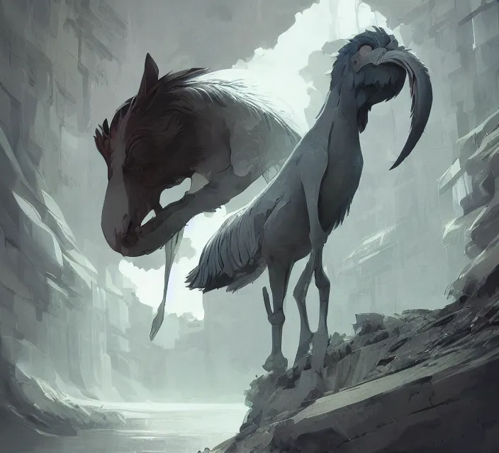 Prompt: a new animal inspired by horse and shoebill, digital art made by makoto shinkai, lois van baarle, greg rutkowski and jakub rebelka, highly detailed, symmetrical, extremely coherent, concept art, smooth, shaped focus, dystopian background