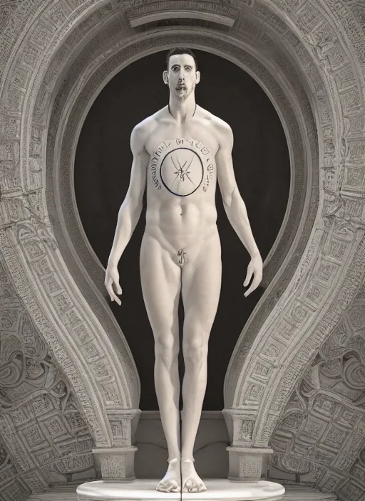 Prompt: a statue made of white marble with gold veins, of klay thompson, full body shot, perfect symmetrical body, perfect symmetrical face, hyper realistic, hyper detailed, by johannen voss, by peter kemp, by monia merlo, by michelangelo, by ernst haeckel, octane render, blender, 8 k