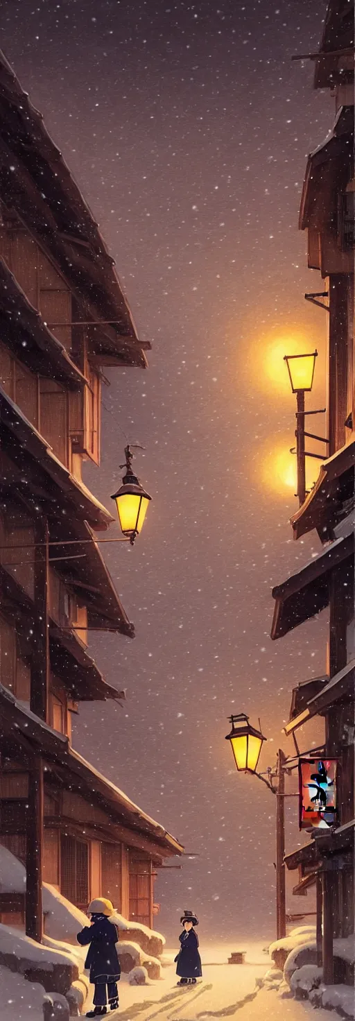 Image similar to empty rural japanese town at night, winter, in the style of studio ghibli, j. c. leyendecker, greg rutkowski, artem