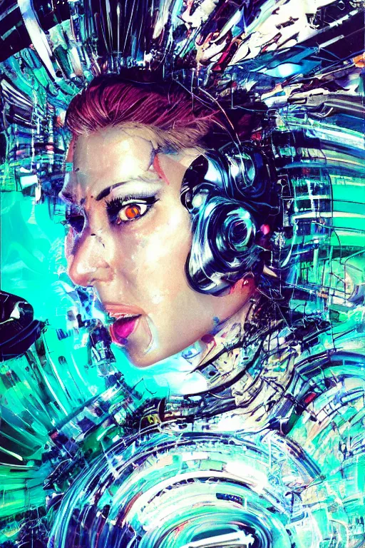 Image similar to portrait, headshot, digital painting, an delightfully mad techno - shaman lady, wink, synthwave, swirly bokeh, glitch, refraction, fracture, realistic, hyperdetailed, chiaroscuro, concept art, madness, art by john berkey