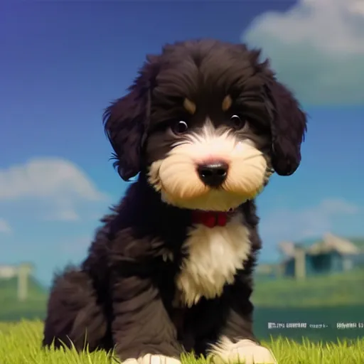 Prompt: a wholesome animation key shot of a black bernedoodle puppy, studio ghibli, pixar and disney animation, sharp, rendered in unreal engine 5, anime key art by greg rutkowski, bloom, dramatic lighting