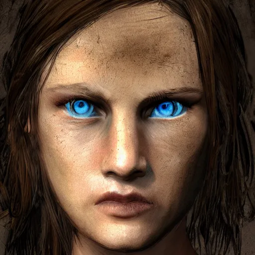 Prompt: wasteland 2 character portrait, blue eyes and brown hair