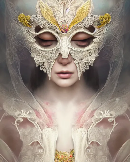 Prompt: beautiful ethereal maiden in a ivory masquerade mask intricate ornate fractal-lace and gemstones, wearing stunning ivory dress, subdued pastel color palette, full view, soft lighting, vivid, Hyperdetailed, 4k hd matte painting by Artgerm, Greg Rutkowski, Klimt, James Jean, 8k resolution, enchanting and otherworldly, Artstation, CGsociety, detailed, front view