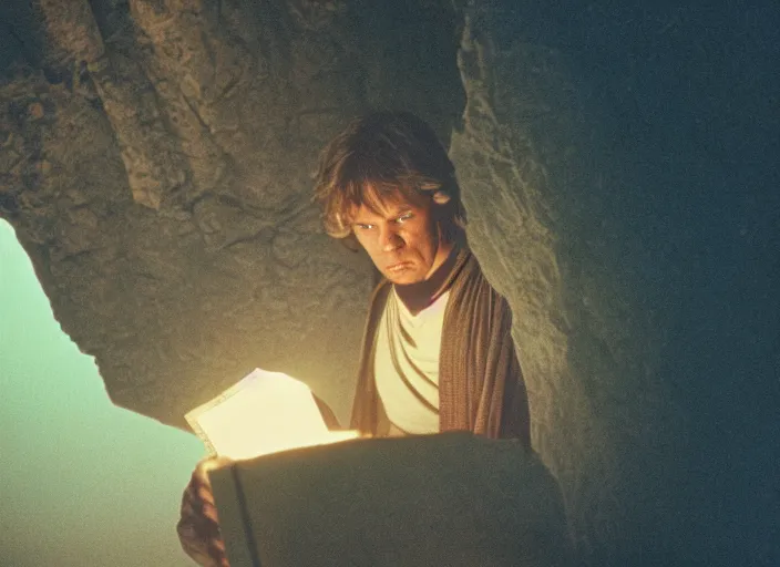 Image similar to detailed photo of Luke skywalker finding the ancient jedi texts in an strange hazy cave. 1985 film, Photographed with Leica Summilux-M 24 mm lens, ISO 100, f/8, Portra 400