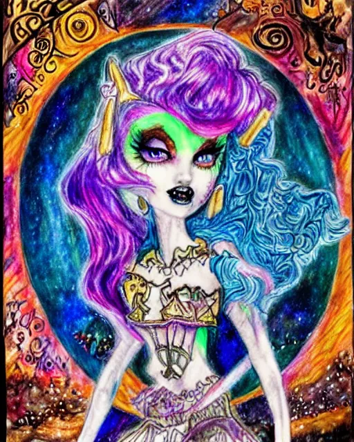 Image similar to josephine wall watercolor pencil drawing of a monster high doll fullmoon, stars, sigils and doodles around her