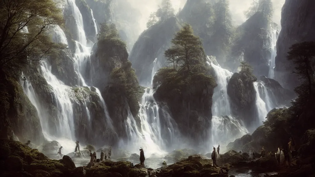 Image similar to the great elven tree above the alpine waterfall. andreas achenbach, artgerm, mikko lagerstedt, zack snyder, tokujin yoshioka