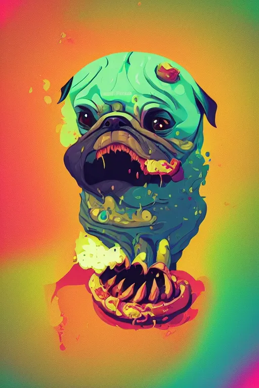 Image similar to demon pug eating flesh. art by mike winkelmann, sticker, colorful, illustration, highly detailed, simple, smooth and clean vector curves, no jagged lines, vector art, smooth