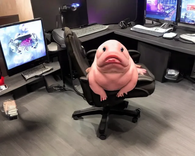 Prompt: a blobfish sitting in gaming chair