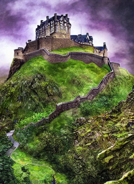 Image similar to a beautiful digital graphics design portrait of Edinburgh castle in Edinburgh. Edinburgh gardens overgrown with plants, caledonian forest, matte painting, fantasy art, highly detailed