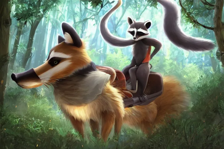 Image similar to an anthro anthro raccoon, riding an oversized fox through a forest, glowing with silver light, today's featured anime still, 1 6 k, character design, furry art, furaffinity