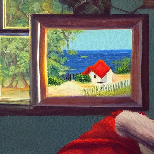 Image similar to A painting of a cozy cottage with a view of the beach