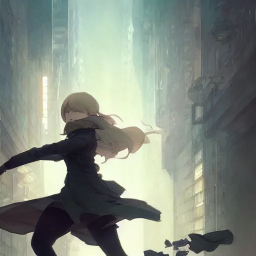 Image similar to girl running from the fbi by krenz cushart and mucha and akihito yoshida and greg rutkowski, nier : automata inspired,