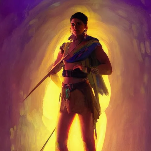 Image similar to an oil art portrait of young roma mage with purple neon magic in style of disco elysium character, paladin character design from d & d, art by anders zorn, wonderful masterpiece by greg rutkowski, beautiful cinematic light, american romanticism by greg manchess, jessica rossier