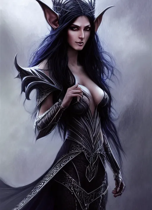 Prompt: d & d concept art of gorgeous elven woman with raven black hair in the style of stefan kostic, realistic, half body shot, sharp focus, 8 k high definition, insanely detailed, intricate, elegant, art by stanley lau and artgerm, luis royo, foggy black background, fantasy