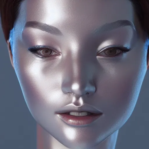 Image similar to silver chrome beautiful woman robot portrait by Hajime Sorayama, octane render, high detail, photorealistic, unreal engine, ray traced