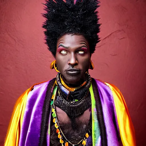 Prompt: a beautiful realistic detailed high key bisexual studio lit photo of a mystical afrofuturism priest with punkrock hair wearing velvet robes by Eric Lafforgue