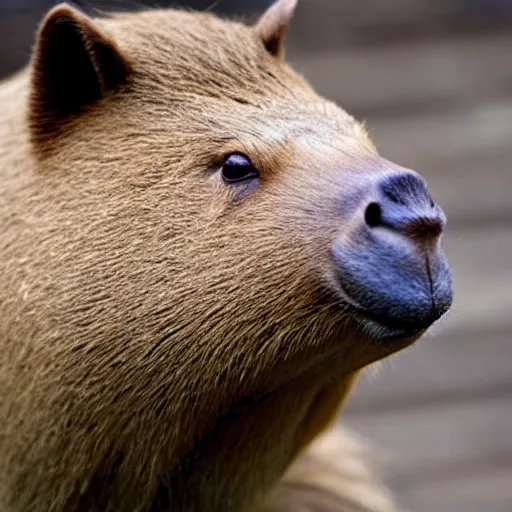 Image similar to capybara head, a man wearing a suit capybara head (smoking cigar)