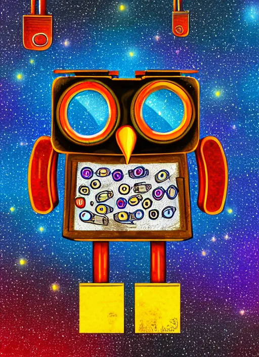 Image similar to colored pencil and pen drawing of an animatronic robot owl, bird made from rusty old keys and padlocks, space background, 8 k photorender realityengine