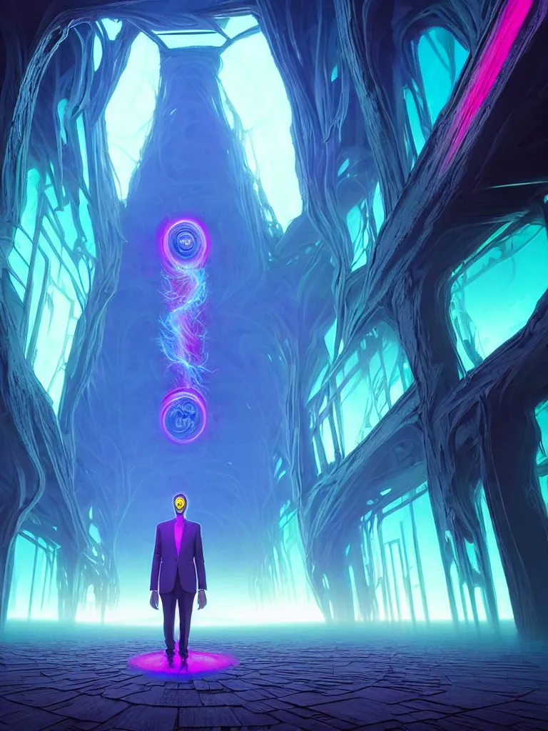 Image similar to entrance to ethereal realm, god waiting, rendered in unreal engine, central composition, symmetrical composition, dreamy colorful cyberpunk colors, 6 point perspective, fantasy landscape with anthropomorphic!!! terrain!!! in the styles of igor morski, jim warren, and rob gonsalves, intricate, hyperrealistic, volumetric lighting, neon ambiance, distinct horizon