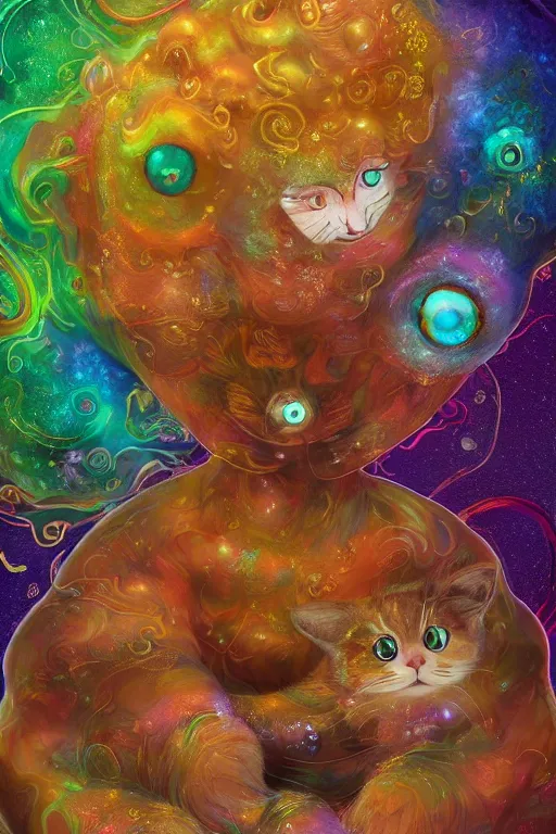 Image similar to Recursive image with a well rounded Calico feline, large eyes, shiny soft fur, anatomically correct, surrounded by swirling wisps of jelly, oil pastels and gold, anime, cartoon, in the style of Victo Ngai, modeled in Poser, Redshift render, UHD