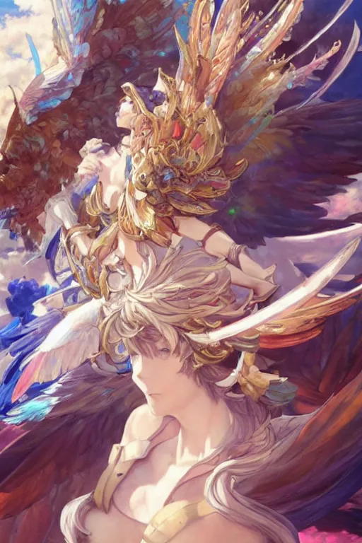 Image similar to a beautiful painting of sandalphon from granblue fantasy, wings with colorful feathers, ray of light, shimmering and prismatic, rococo, highly detailed, by krenz cushart and mucha, trending on artstation.