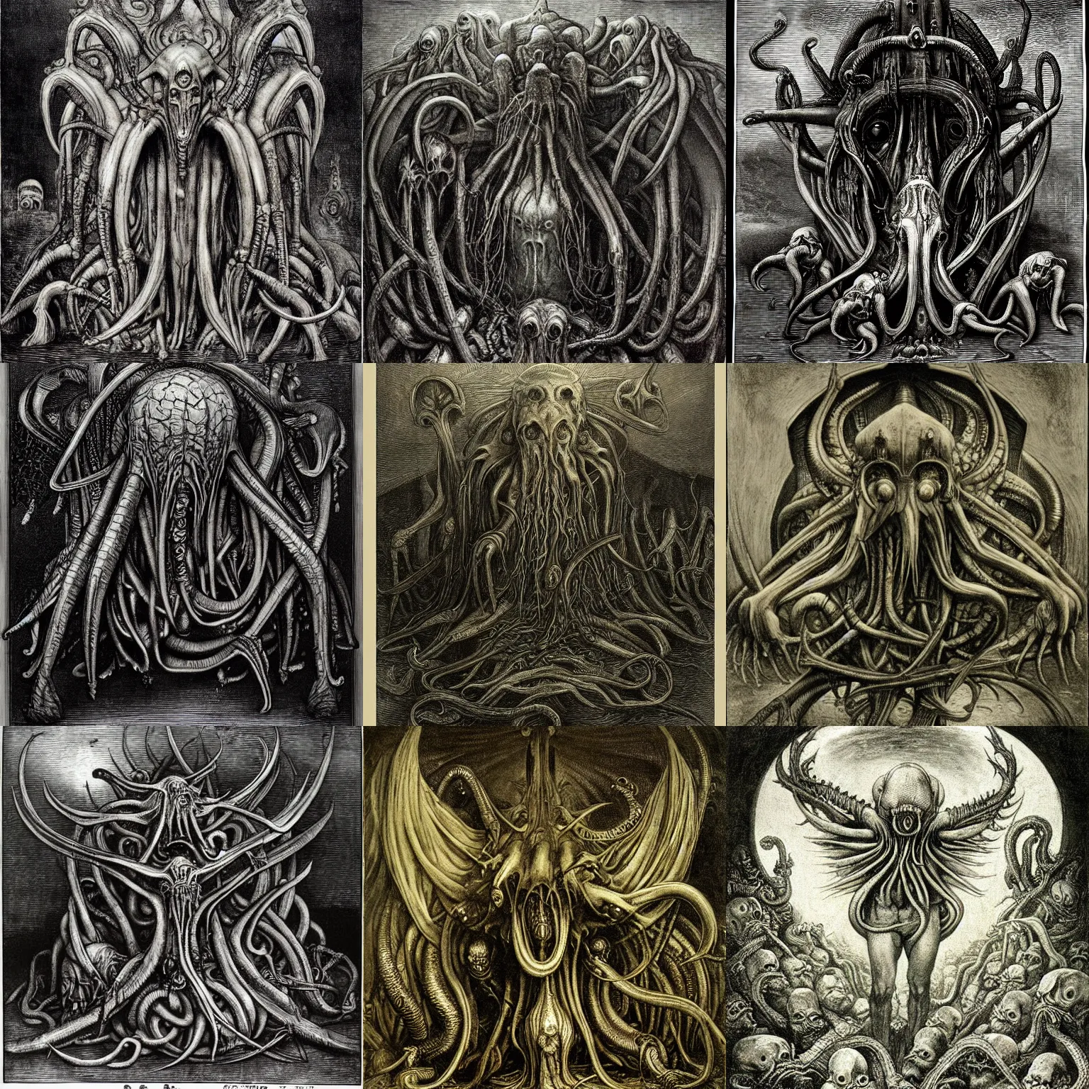 Prompt: cthulhu gustave dore h r giger hieronymus bosch
