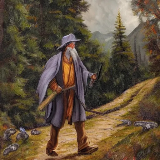 Image similar to a man in a grey cloak and brimmed hat with a staff travelling trough the mountains with trees, very detailed, colorful, oil painting, clouds, old man, alone, ravens