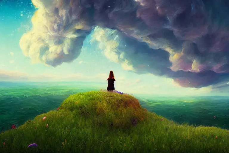 Image similar to giant corn flower as a head, girl standing on cliff, surreal photography, stars, dramatic light, impressionist painting, storm clouds, digital painting, artstation, simon stalenhag
