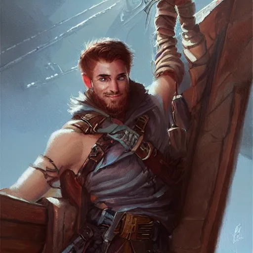 Image similar to plucky charming white male rogue climbing ship ladder, naval background, fantasy, D&D 5e, 5th edition, portrait, piercing stare, highly detailed, digital painting, HD, artstation, concept art, matte, sharp focus, illustration, art by artgerm and greg rutkowski