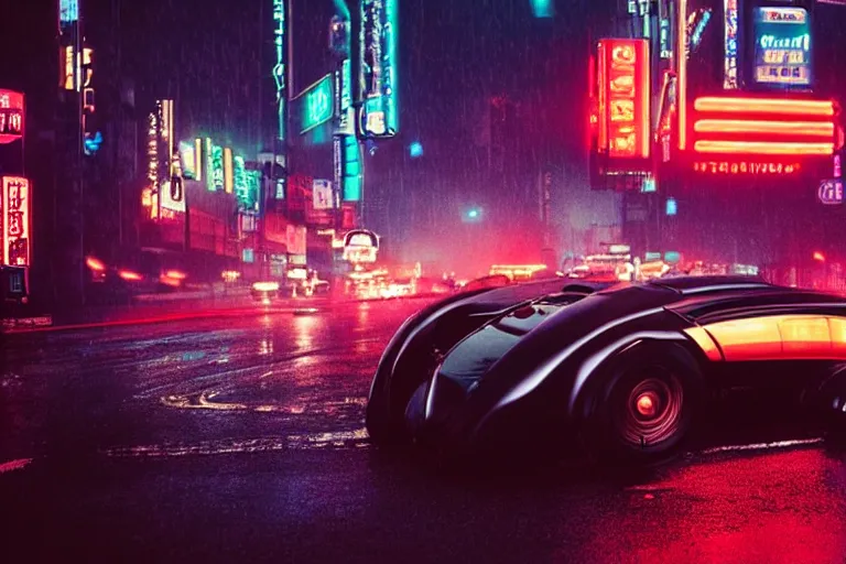 Image similar to a 1 9 3 5 bugatti, speeding down tokyo highway in the rain, night time, neon lights, thunderstorm, movie still from the movie bladerunner 2 0 4 9