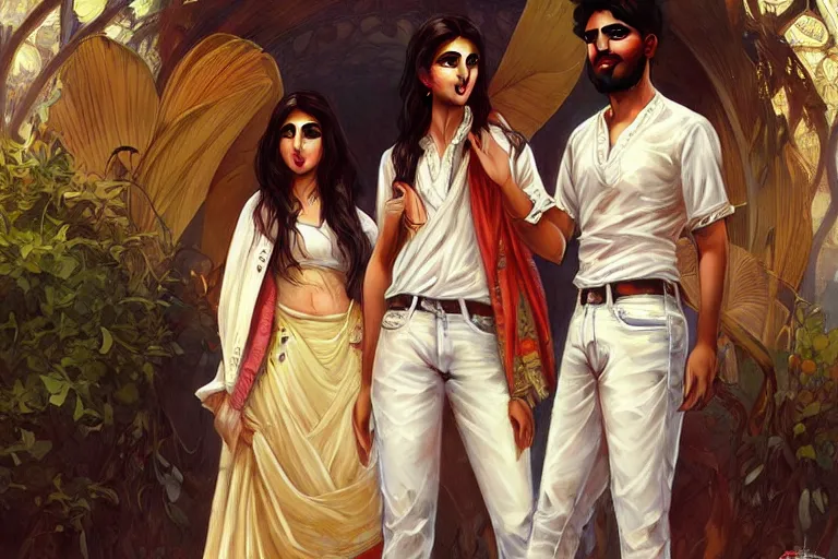 Prompt: sensual good looking pale young indian doctors wearing jeans in celebrating after passing an exam, portrait, elegant, intricate, digital painting, artstation, concept art, smooth, sharp focus, illustration, art by artgerm and greg rutkowski and alphonse mucha