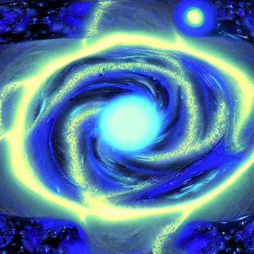 Image similar to gravitational galactic maelstrom, blue fire, vray, highly detailed, psychedelic