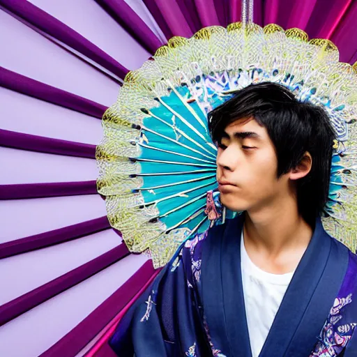 Prompt: teenager boy with straight indigo hair, purple eyes with red eye markers, slim body, wearing a detailed Japanese kimono, holding a japanese fan, Super-Resolution, HSL, 2-bit, VR, Uniform, Nano, Senary, RTX, insanely detailed and intricate, hypermaximalist, elegant, ornate, hyper realistic, super detailed, full body, full body shot, full image