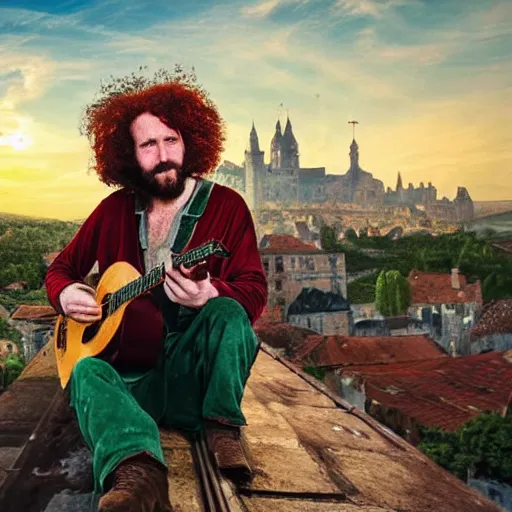 Prompt: a rugged man with curly red hair wearing a green cloak playing a guitar sitting on a roof top, medieval setting, entire city visible, zoomed out, atmospheric lighting, painted, intricate, volumetric lighting, beautiful, rich deep colours masterpiece, golden hour, digital art