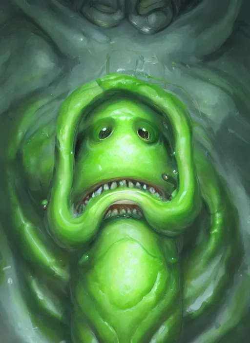 Prompt: hyper realistic portrait of my happy, smiling, waifu cute innocent green amorphous blob, slimy alien creature with adorable uwu eyes, it has several human arms out stretched to grab me. painted by greg rutkowski, wlop,,