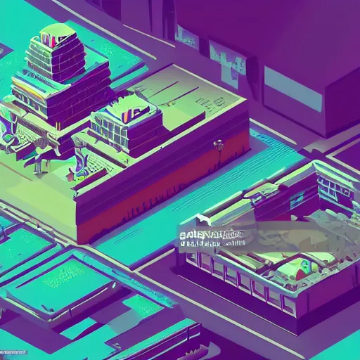 Prompt: isometric view of a cyberpunk city, samurai viewing the city from a rooftop, vaporwave skyline