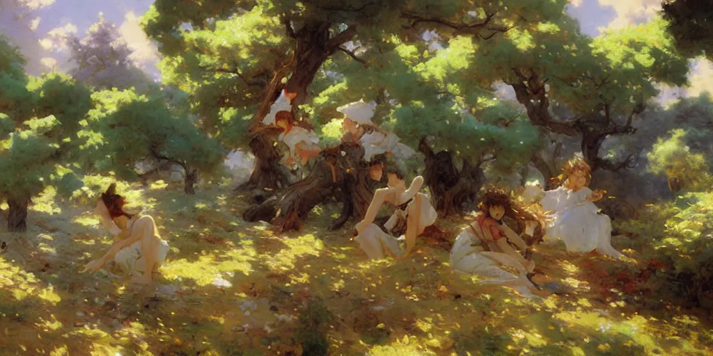 Image similar to cute anime landscape painting by gaston bussiere, craig mullins, j. c. leyendecker