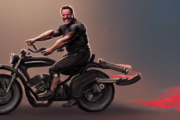 Image similar to Arnold Schwarzenegger grinning maniacally while riding a miniature motorbike, hyperrealistic, concept art, illustration, 8k, cinematic, digital painting, very detailed, volumetric lighting, artstation, unreal engine, vivid colors