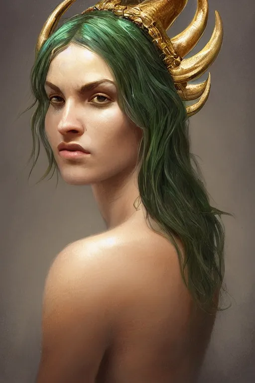 Prompt: a beautiful woman with a perfect face!!! shiny green iridescent skin, big natural ram horns on her head, bust portrait, gold jewelry, dnd, face, fantasy, intricate, elegant, highly detailed, digital painting, artstation, concept art, smooth, sharp focus, illustration, art by artgerm and greg rutkowski and alphonse mucha