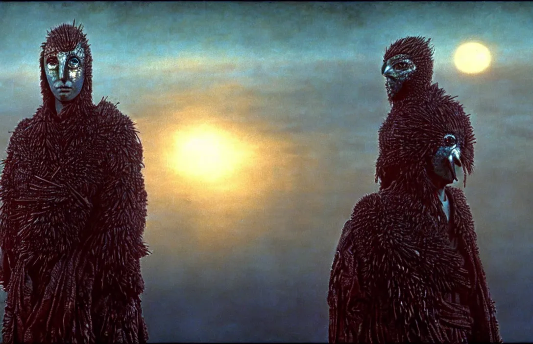 Image similar to extremely detailed portrait film shot of a birdman wearing dark ragged robes, scifi city sunrise landscape background by denis villeneuve, amano, yves tanguy, ernst haeckel, max ernst, roger dean, ridley scott, dramatic closeup composition, rich moody colours, blue eyes