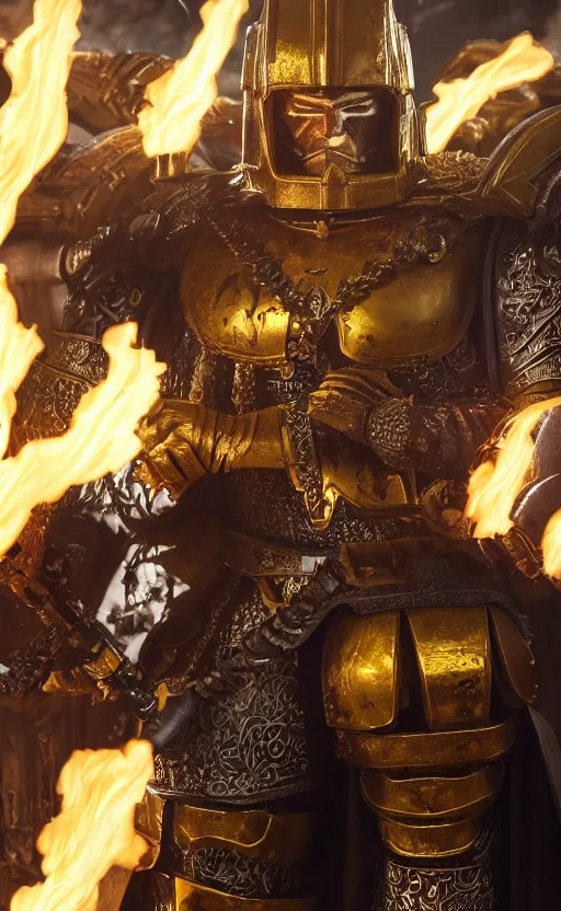 Image similar to 10 foot tall Henry Cavill as warhammer 40k Emperor of Mankind dressed in his golden power armor holding a flaming sword in his right hand. full-length portrait, beautiful face, long hair, painted by Donato Giancarlo and Annie Liebowitz, fine details, cinematic, highly detailed, octane render