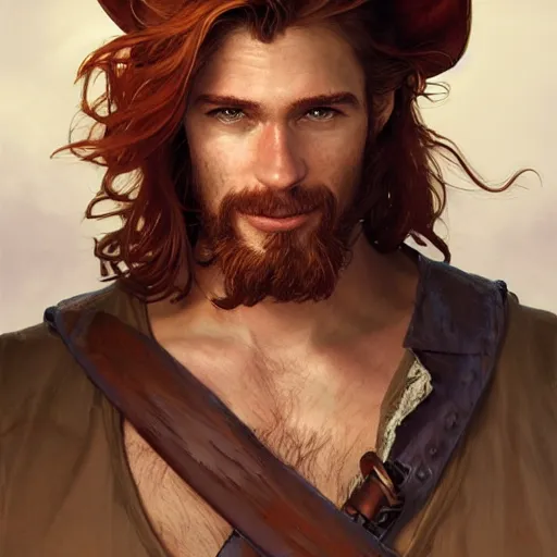 Prompt: portrait of a young ruggedly handsome but joyful pirate, male, masculine, upper body, red hair, long hair, d & d, fantasy, playful smirk, intricate, elegant, highly detailed, digital painting, artstation, concept art, matte, sharp focus, illustration, art by artgerm and greg rutkowski and alphonse mucha