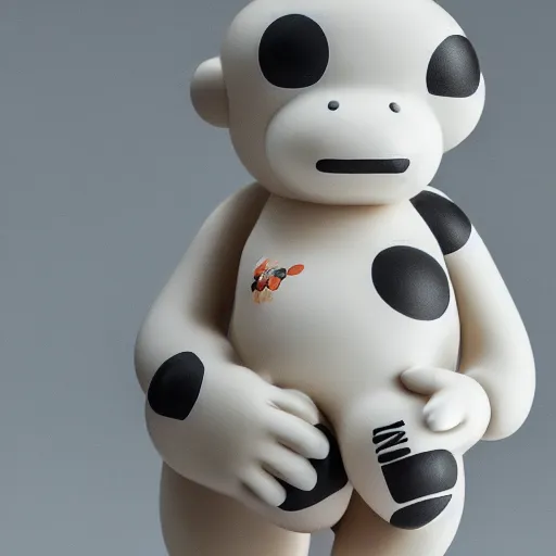 Image similar to high definition product shot of an off - white cheburashka porcelain figurine | visible cracks | reflections | 4 k | uhd | inspired by kaws | inspired by jeff koons