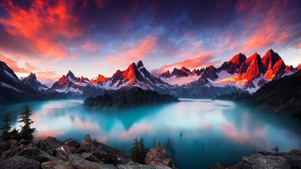 Image similar to amazing landscape photo of mountains with lake in sunset by marc adamus, beautiful dramatic lighting