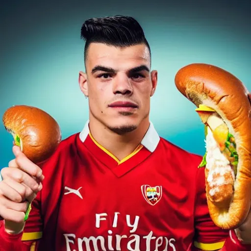 Prompt: a promo portrait of granit xhaka holding a delicious hot dog with mustard and ketchup up to the camera, happy, hyper detailed, fisheye lense, reuters