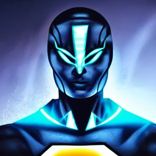 Image similar to a male superhero with blue glowing eyes, frontal view, cool looking